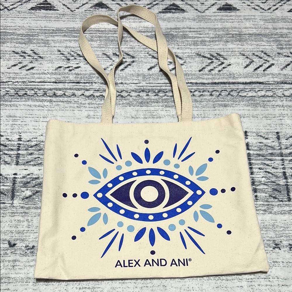 Alex and Ani Cream Tote Bag with Blue Design